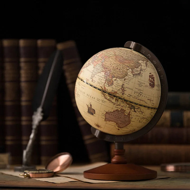 educational world globe with retro wooden base for decoration