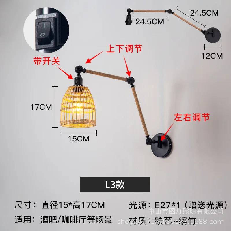 Nordic telescopic wall lamp with adjustable swivel arm and hemp rope - vue 8 sur 22