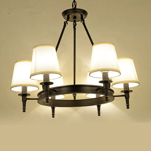 Classic American wrought iron chandelier with fabric lampshade - vue 5 sur 19