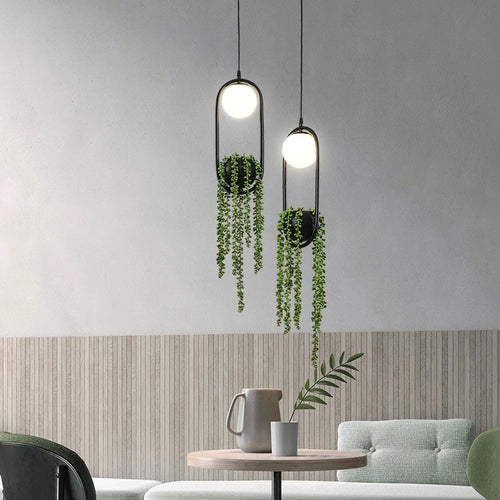 Retro iron pendant light with decorative plant and LED lighting - vue 3 sur 7