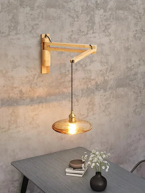 Extendable and adjustable Japanese style retro wood pendant light - vue 3 sur 10
