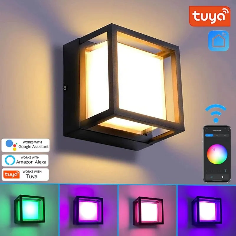 Tuya wifi smart outdoor LED wall light 10W cube RGB dimmable waterproof garden sconce Alexa Google home AC85-265V