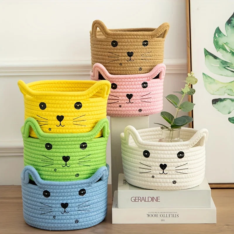 Cat head woven cotton storage baskets for office and home
