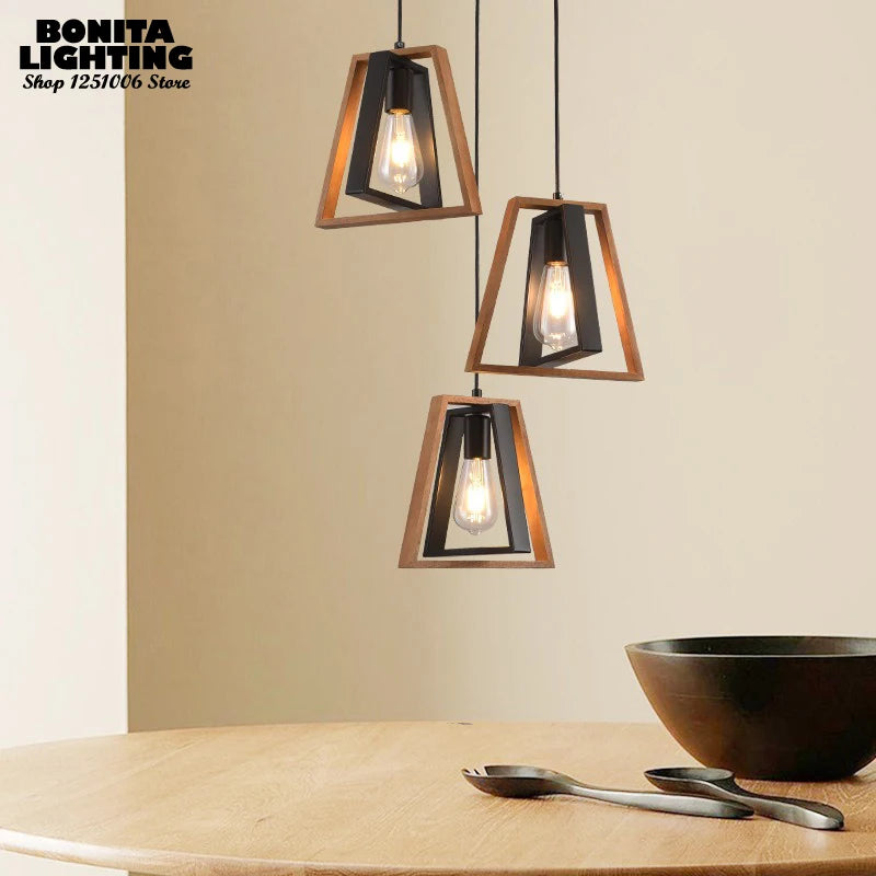 Double layer trapezoidal wooden pendant light in retro industrial style