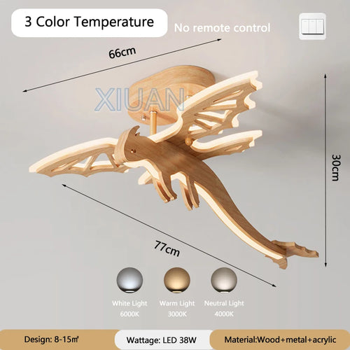 Nordic natural wood dragon LED ceiling light for children - vue 8 sur 7
