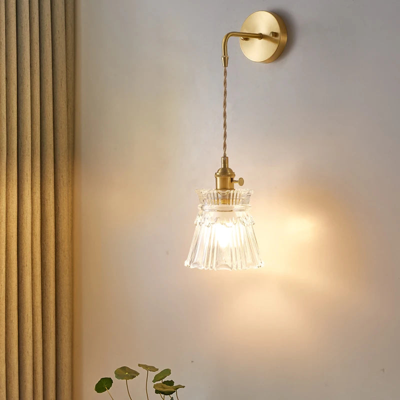 Scandinavian glass and brass LED wall light with battery switch
