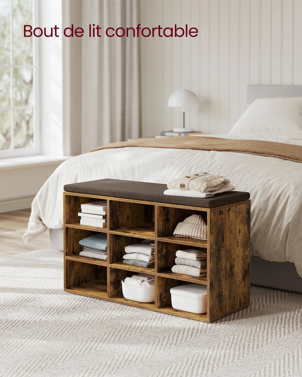 VASAGLE Shoe Bench, Storage Bench with Padded Seat, with Cushion, 9 Compartments, Adjustable Shelves, for Living Room, Hallway