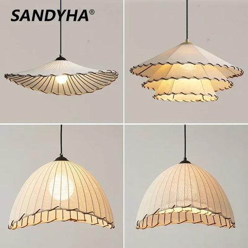 Nordic fabric pendant light with straw hat for interior decoration - vue 2 sur 14