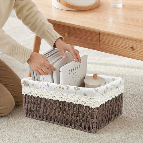 rattan woven storage basket with decorative removable liner - vue 5 sur 12