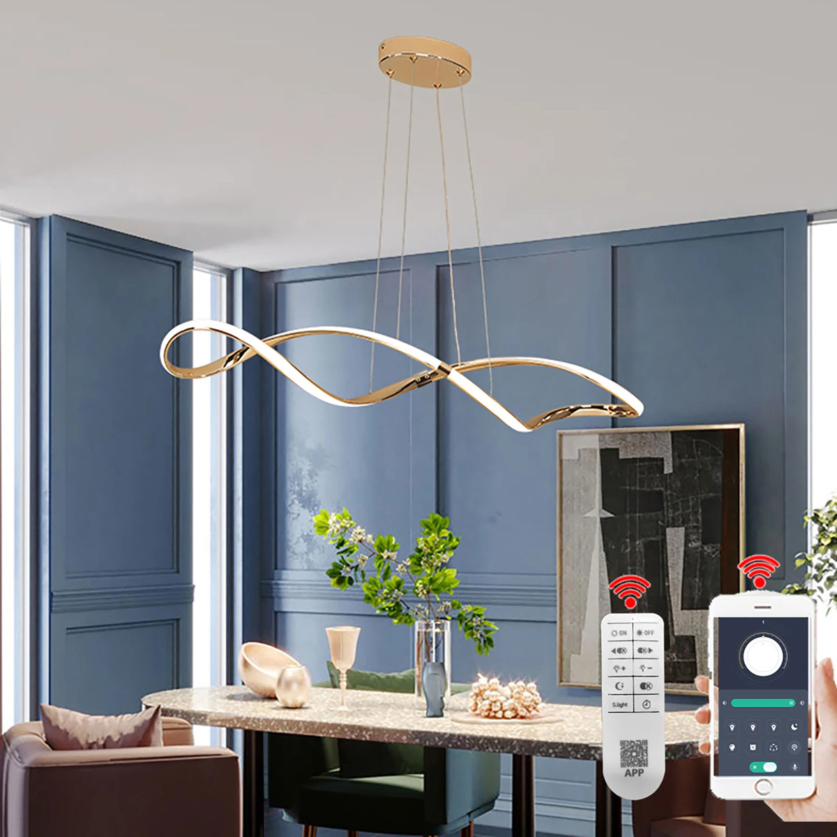 lustre led moderne suspendu avec éclairage et télécommande - vue 4 sur 8