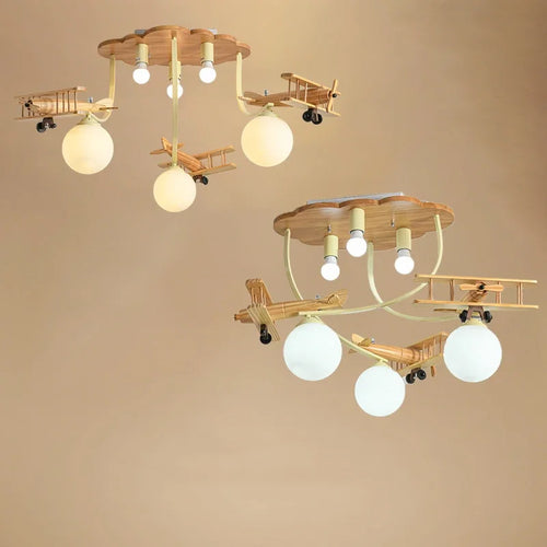 Wooden airplane LED ceiling light for children's bedroom - vue 5 sur 7