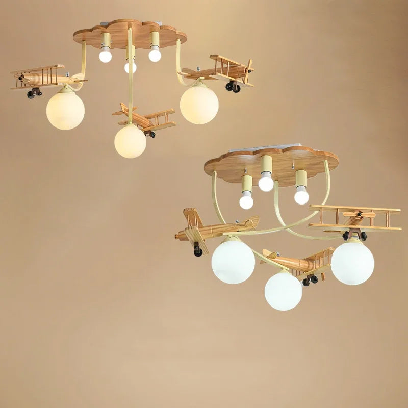 Wooden airplane LED ceiling light for children's bedroom - vue 4 sur 7