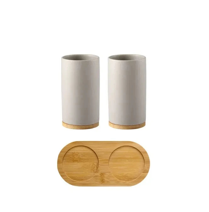 ceramic and bamboo bathroom accessory set