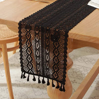 Beige vintage crochet lace table runner with tassels