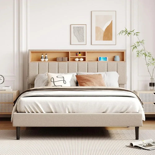 Bed frame bedroom furniture: headboard with storage and USB ports, full, gray modern upholstered platform bed - vue 2 sur 8