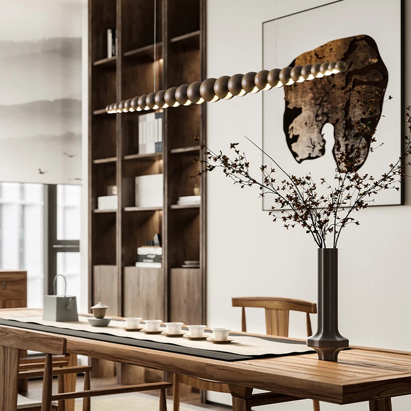 Wooden pendant light modern LED linear lamp for kitchen island, dining room, living room and office - vue 5 sur 9