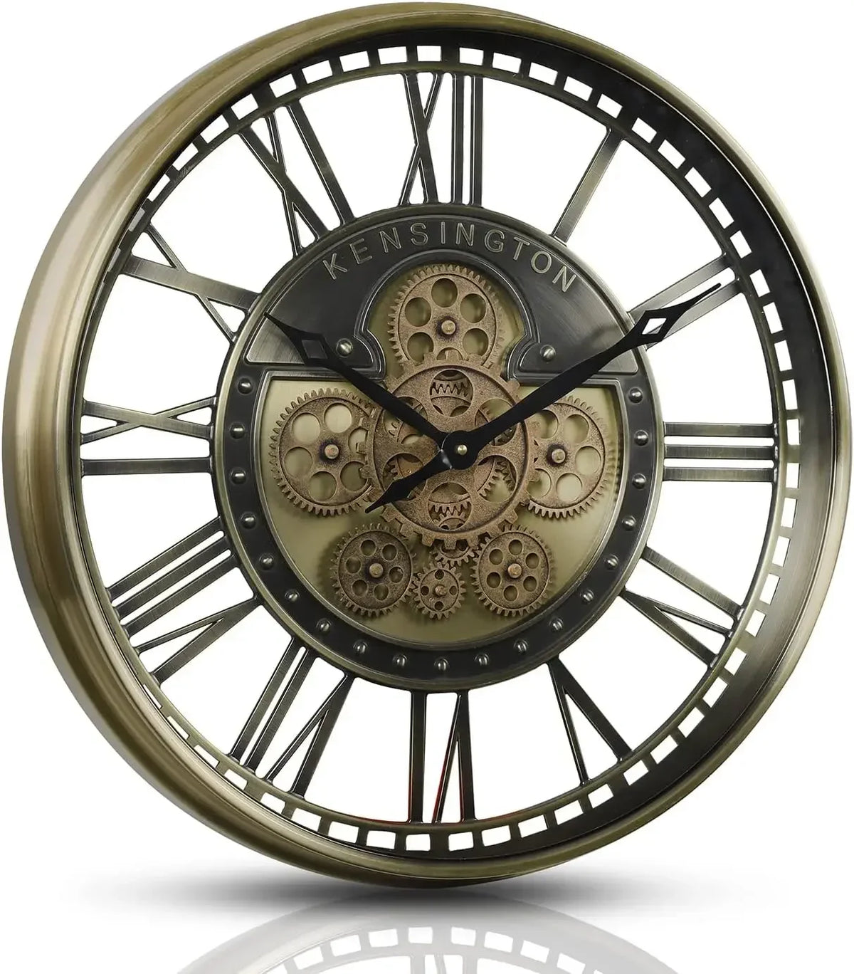 industrial metal wall clock with decorative moving gears - vue 8 sur 14