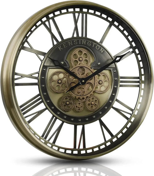 industrial metal wall clock with decorative moving gears - vue 9 sur 14