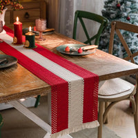Beige boho table runner with tassels and geometric pattern