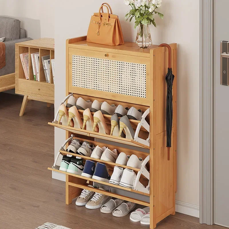 versatile, foldable bamboo and rattan shoe rack
