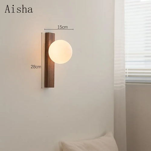 Retro walnut wall light with decorative glass - vue 7 sur 7