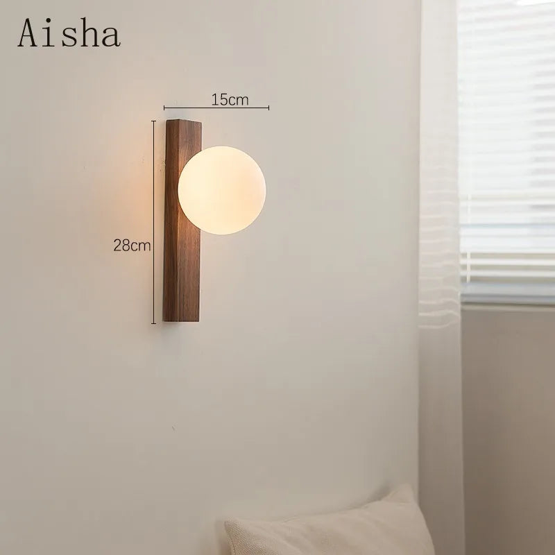 Retro walnut wall light with decorative glass - vue 6 sur 7