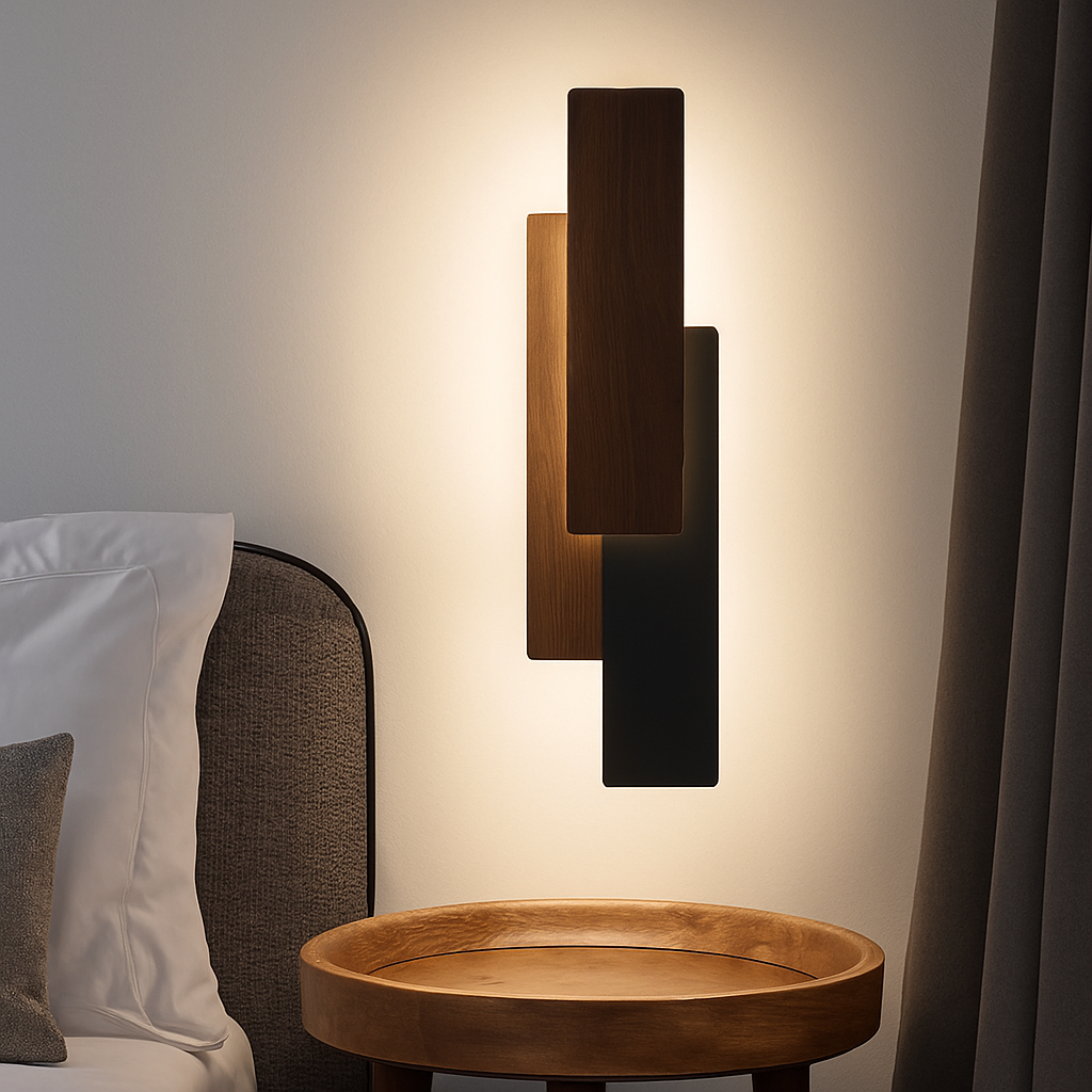 Walnut wood wall light with remote control - vue 5 sur 12