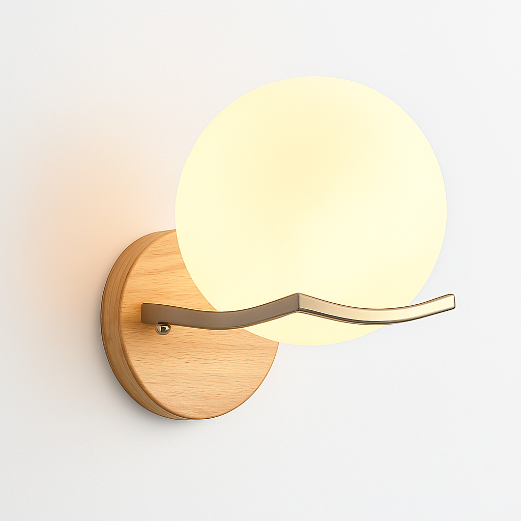 Nordic glass and wood LED wall light for bedside and indoor use