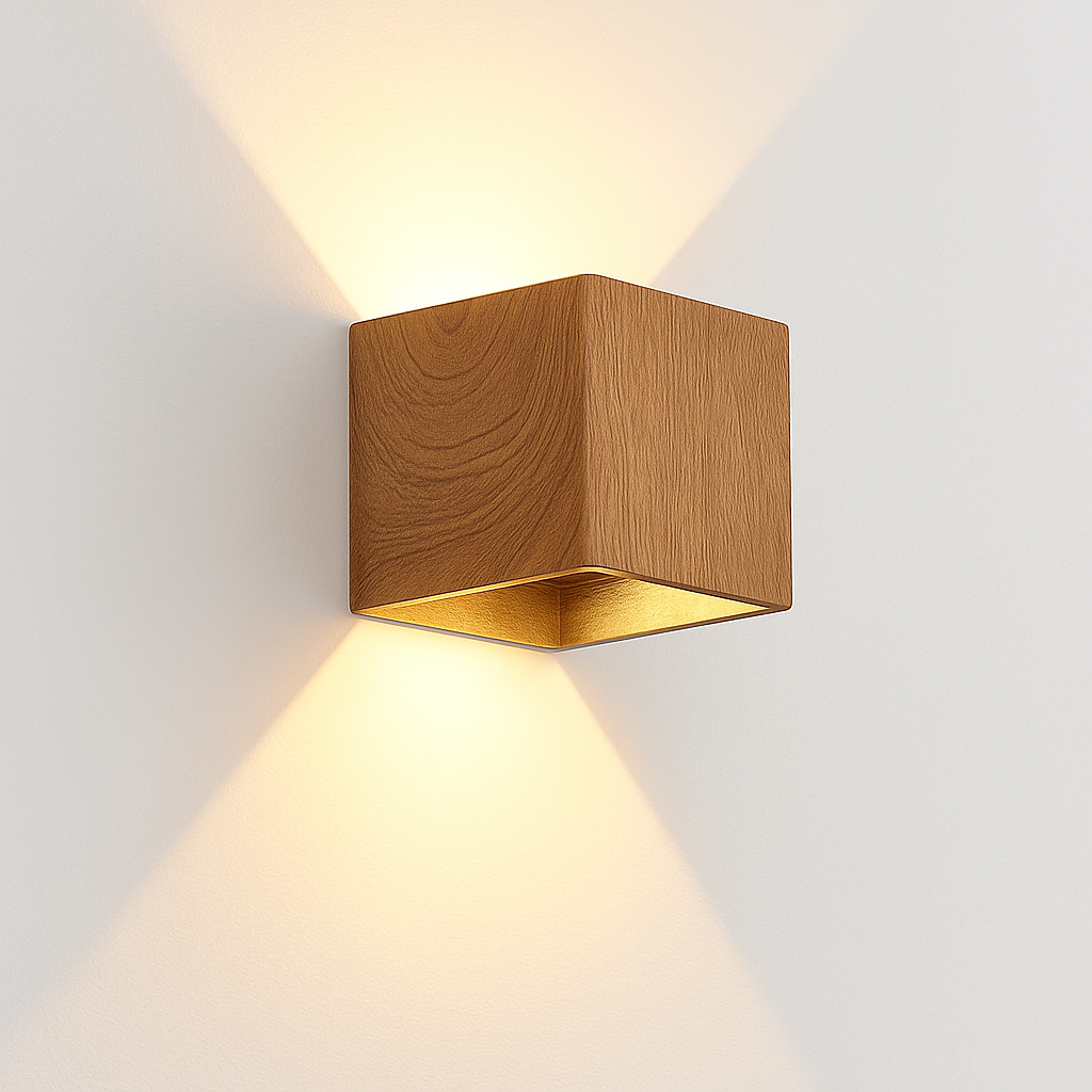 Wood and metal cube LED wall light