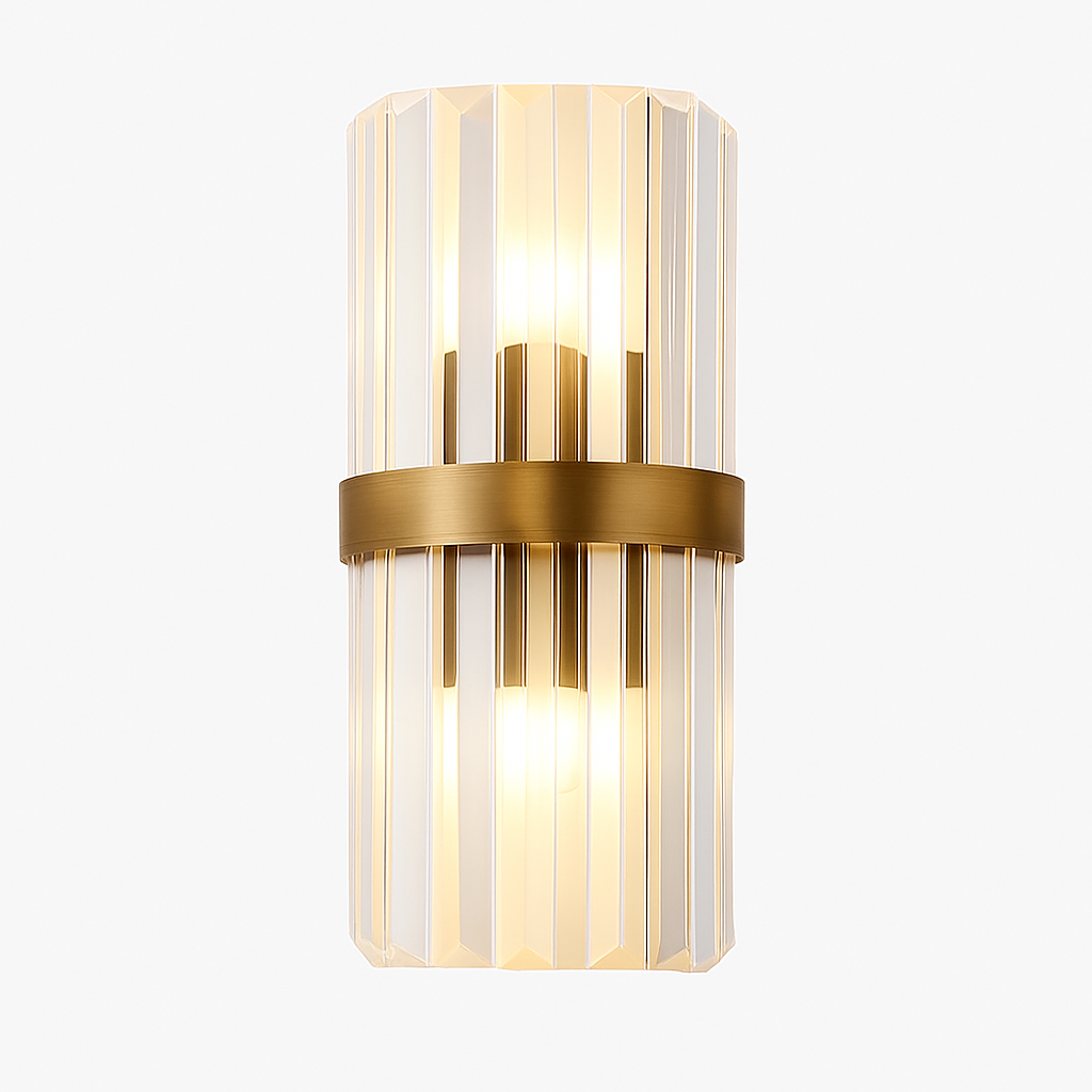 Gold LED designer wall light with cascading crystal glass