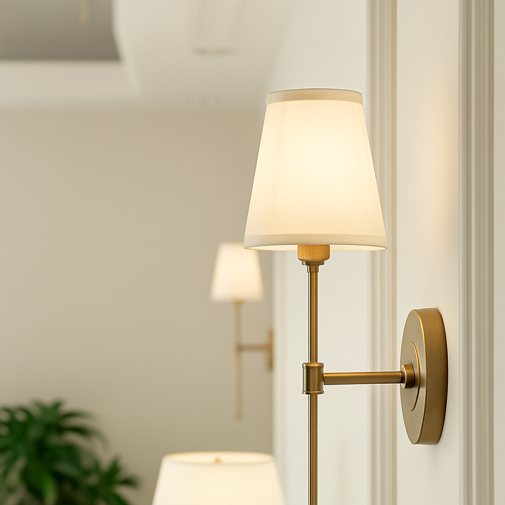 Gold wall light with Real fabric shade - vue 4 sur 5