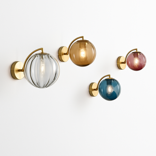 LED wall light with gold stem and coloured glass globe - vue 5 sur 10