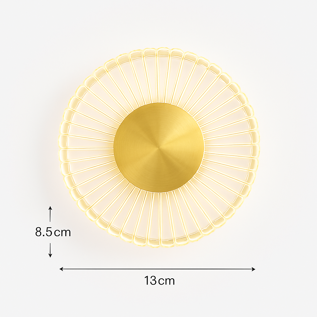 Round acrylic and gold brass LED wall light with 3 lighting modes