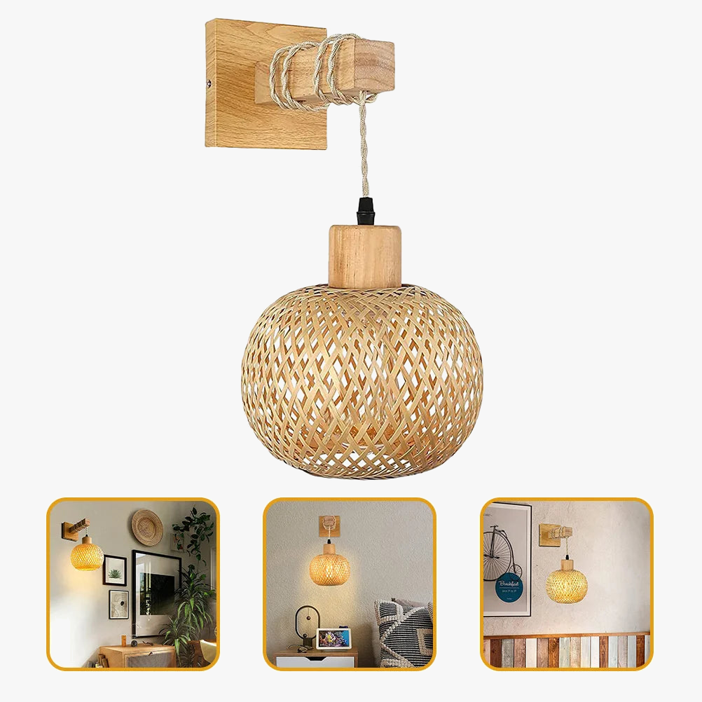 Wicker wall light bamboo rattan wooden lantern farmhouse bathroom sconce