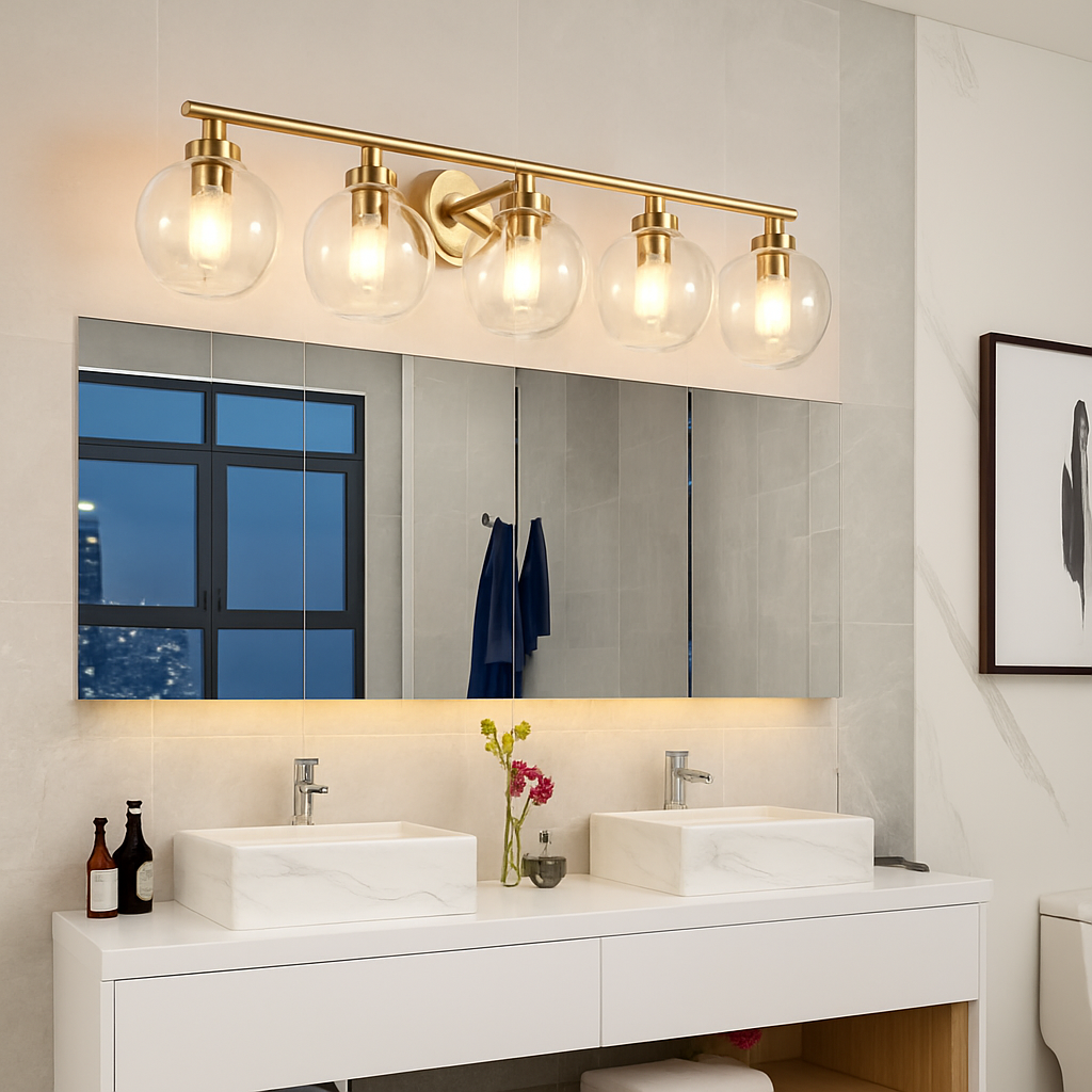 Industrial bathroom mirror wall light with glass shade