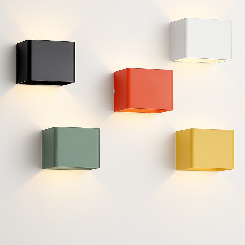 Modern LED wall light with colourful metal cube