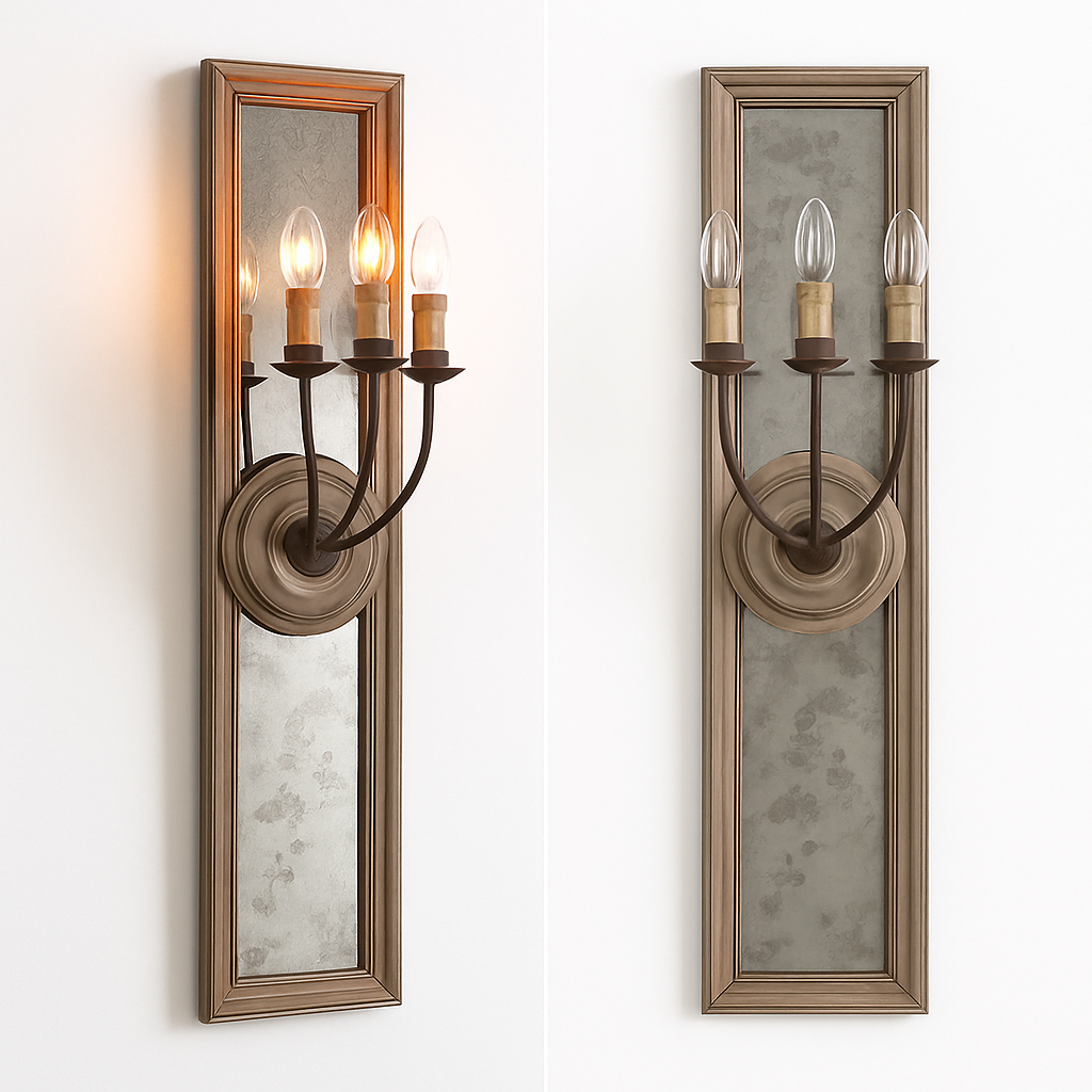 American retro wooden mirror frame wall lamp with vintage candle design