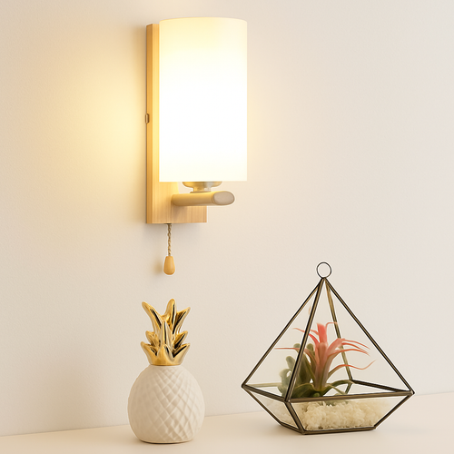 Scandinavian wooden and glass wall light for interior decor - vue 7 sur 20