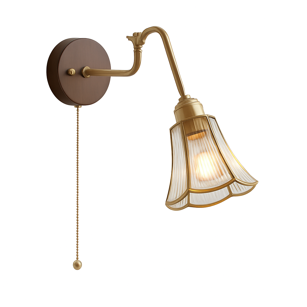Vintage wall light with pull chain and wooden base