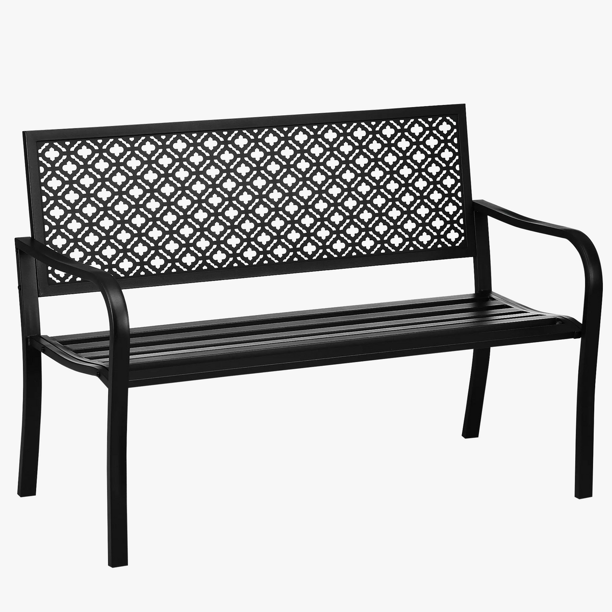 two-seater steel garden bench with decorative backrest