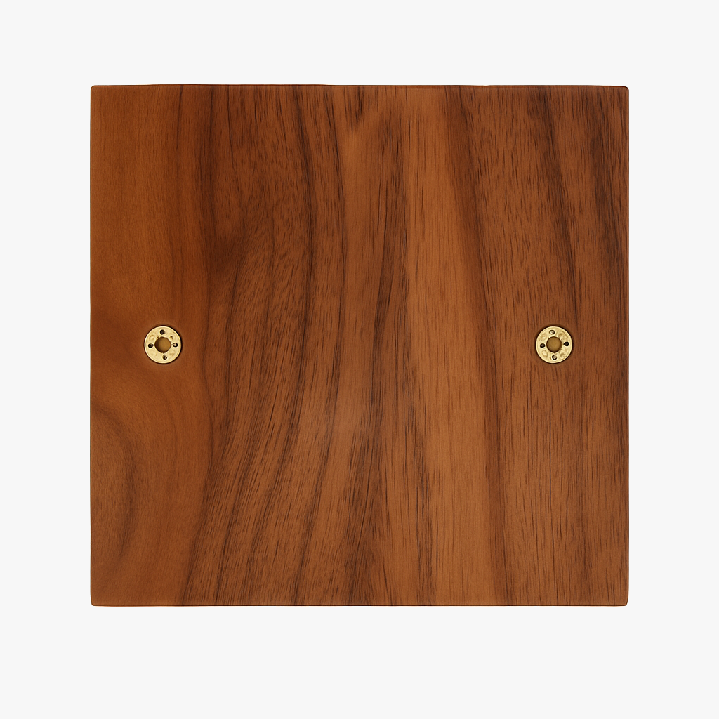Flat wooden socket cover with gold screws