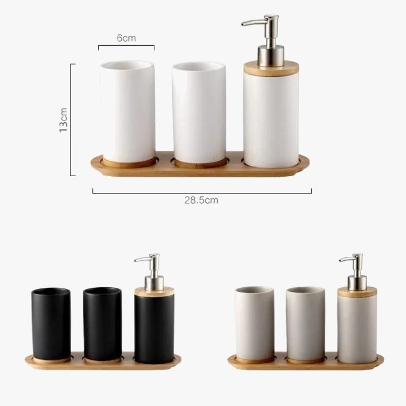 ceramic and bamboo bathroom accessory set