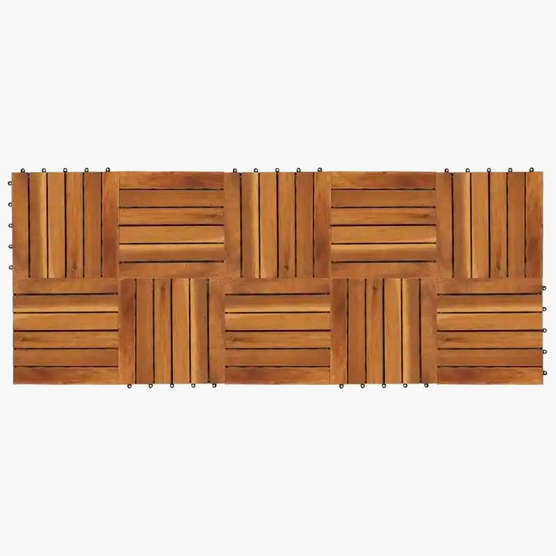 Solid wood patio deck tile set with vertical pattern and clips