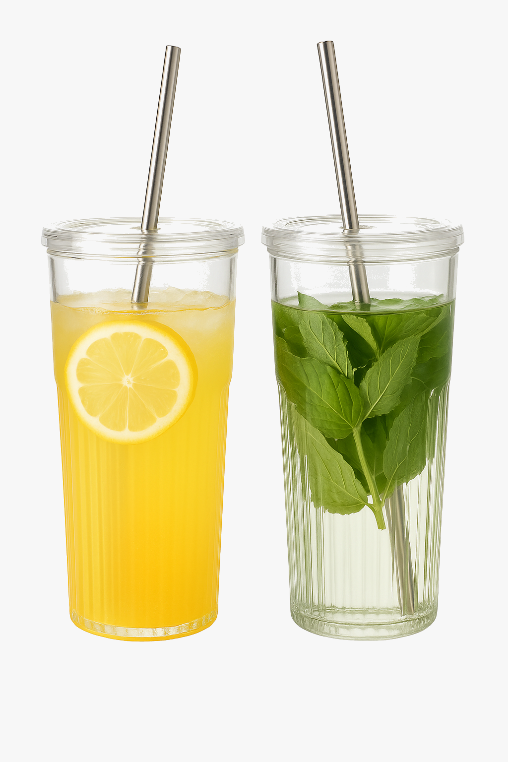 Striped glass tumbler 600 ml with lid and straw