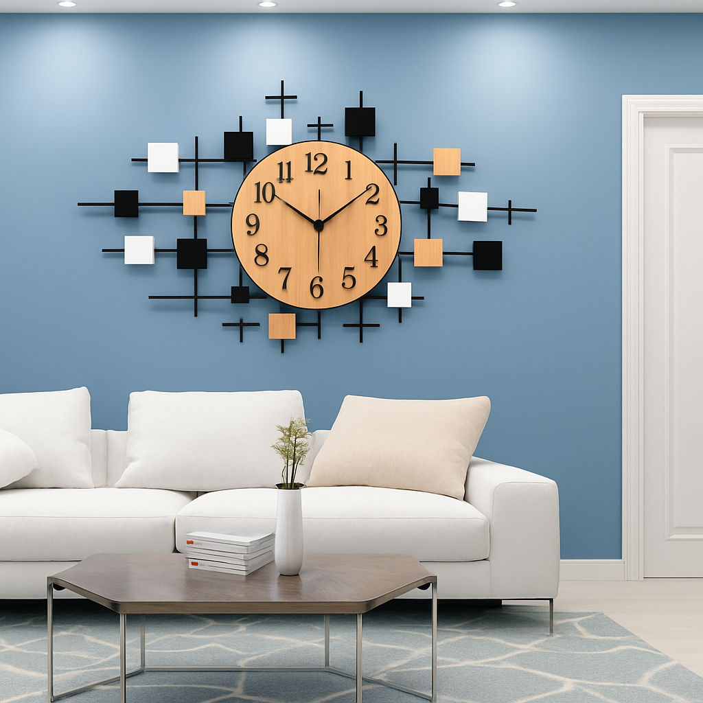 Designer wall clock in wood and squares Home
