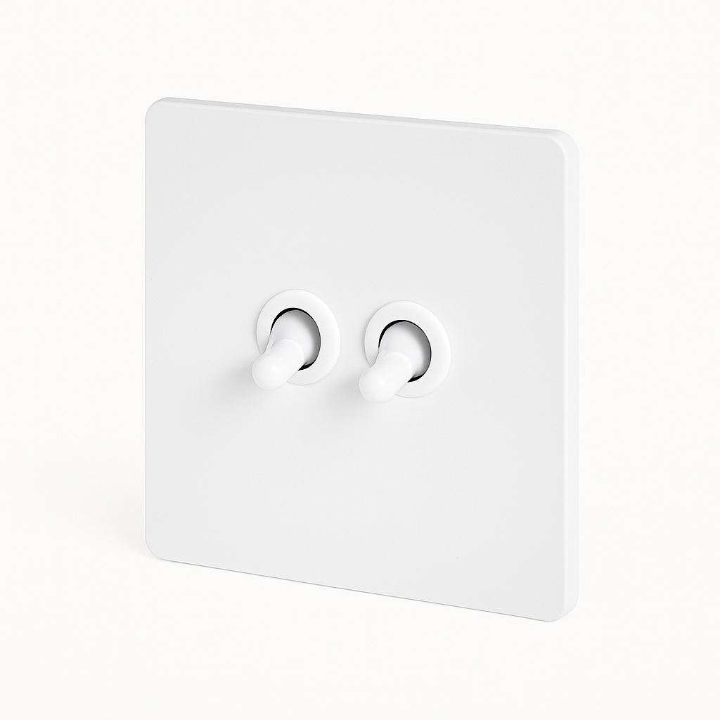 Double two-way switch in matt white steel with rounded edges