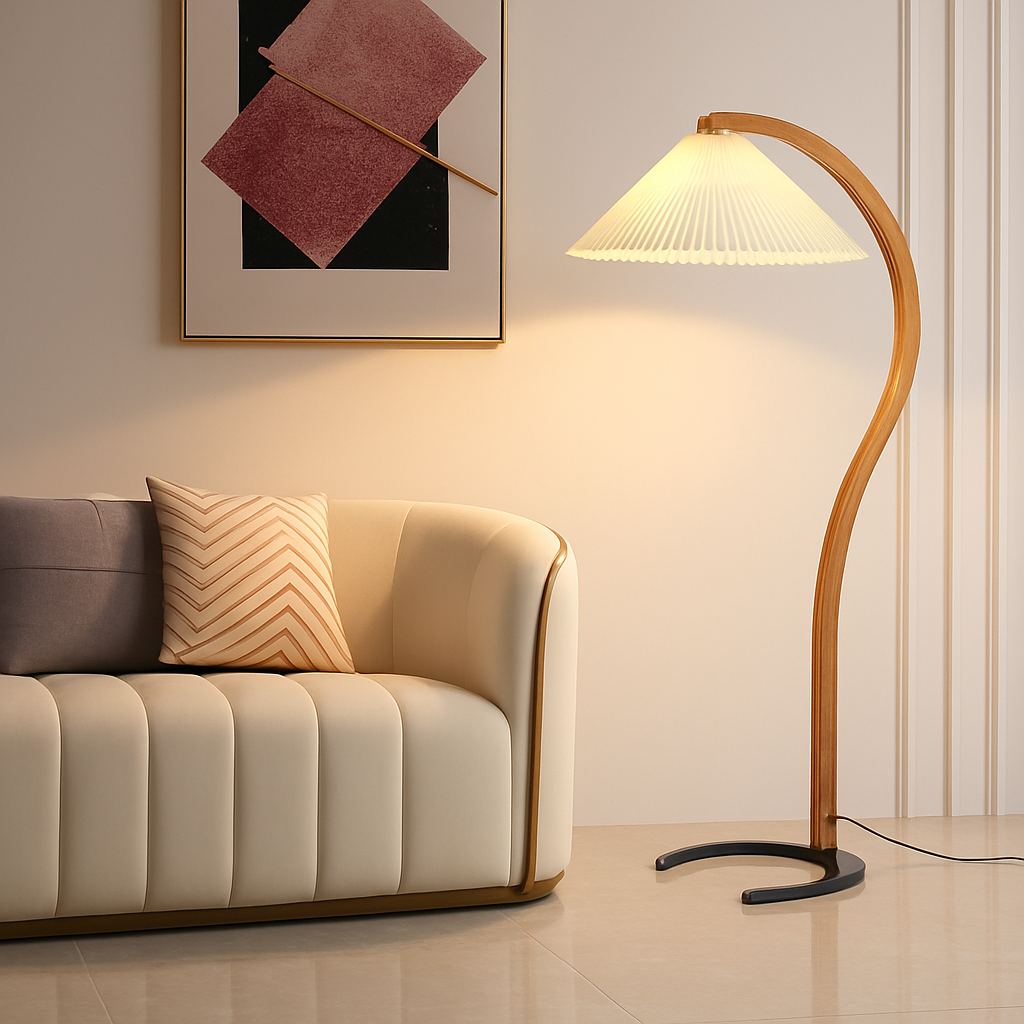 Natural wood and walnut pleated LED floor lamp
