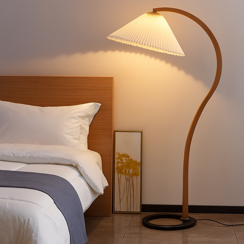 Natural wood and walnut pleated LED floor lamp - vue 2 sur 9