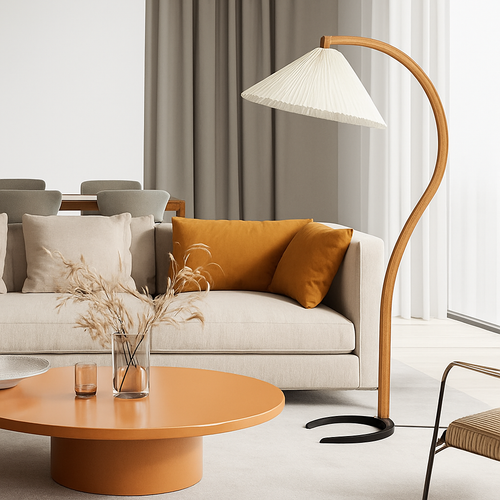 Natural wood and walnut pleated LED floor lamp - vue 3 sur 9