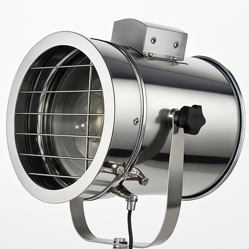 Tripod floor lamp with retro chrome studio spotlight - vue 2 sur 6